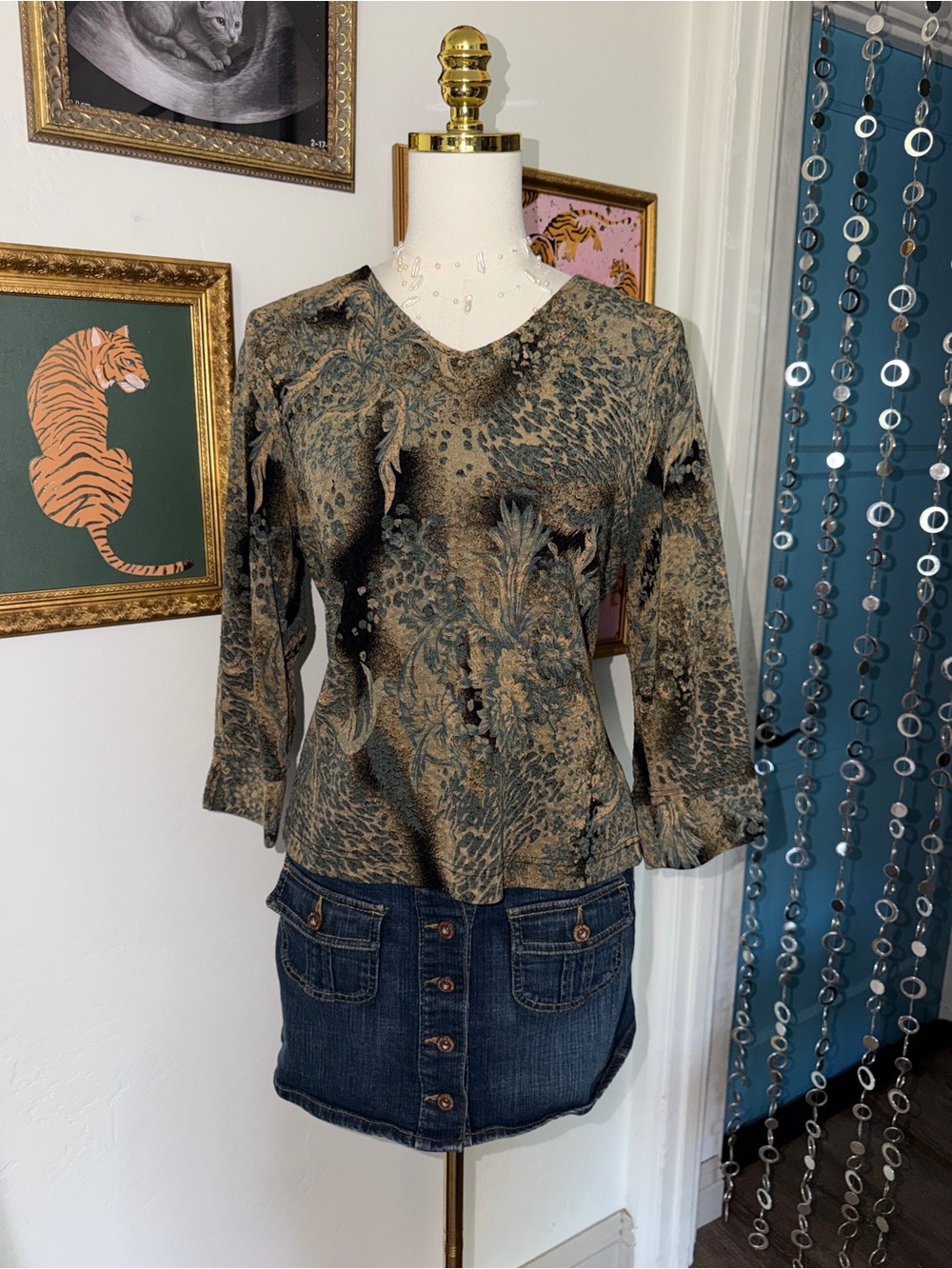 vintage y2k Womens Green Floral V-Neck Long Sleeve Top